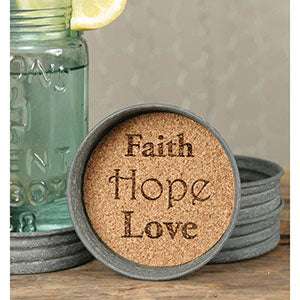 Set of Four Mason Jar Lid Coasters - Faith Hope Love